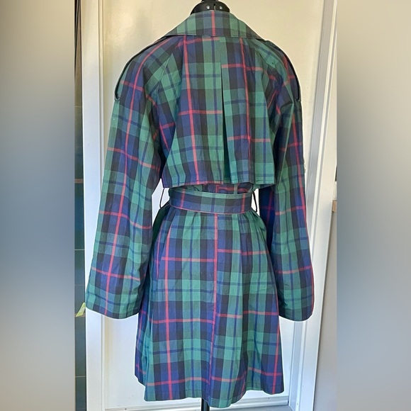 Vintage 80s? Plaid Belted Trench Coat, full shoulders, blue/green/red, sz12 - Picture 6 of 12